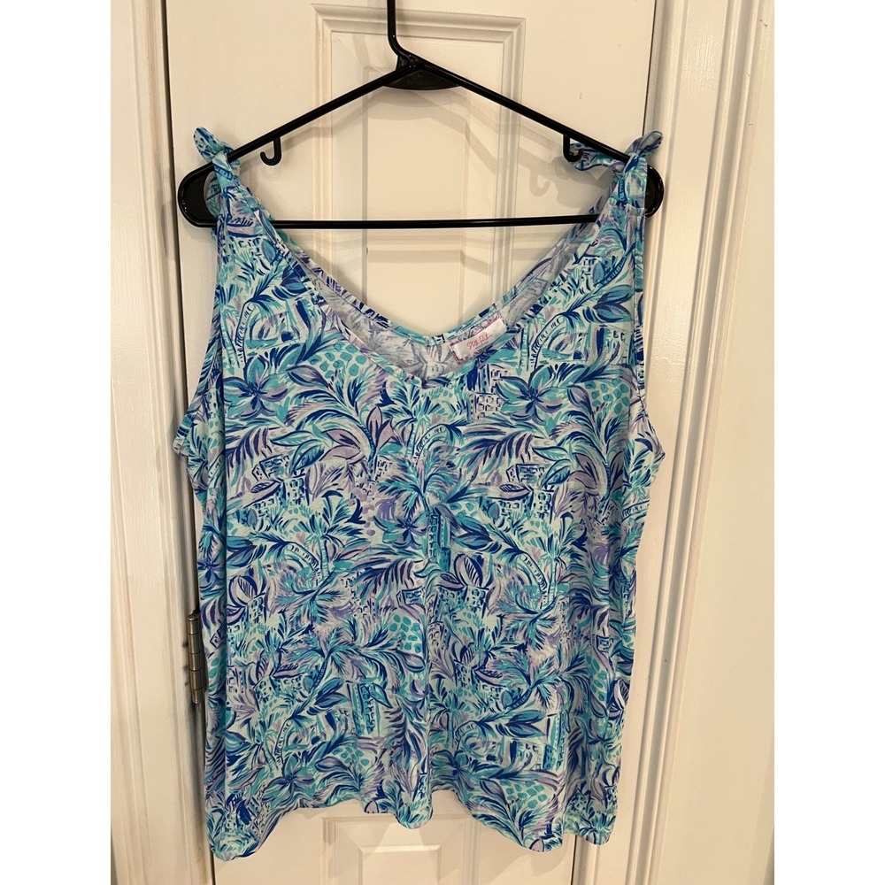 Stella‎ Parker Collection Blue Tropical Palm Tie Shoulder Cotton Tank Top XL